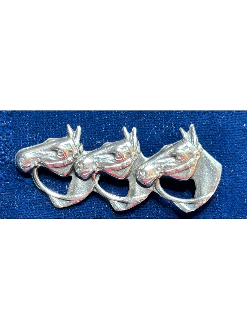 Three  3 Horse Heads Brooch Vintage Sterling Silver Equestrian Bar Pin 2"